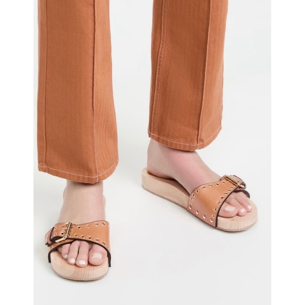 Isabel Marant Jaso Slide Sandal 40 Tan Leather Wood Studded Designer Luxury Boho - Picture 2 of 14